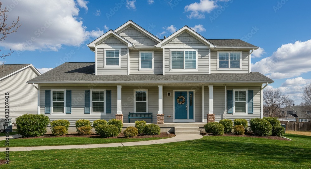 Obraz premium Beautiful suburban two story house with a welcoming front porch