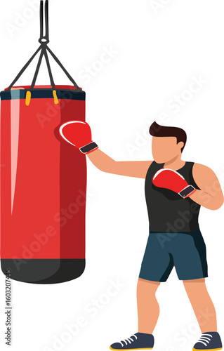 A boxer punching a red punching bag with gloves on, sweat flying, boxing ring visible in the background