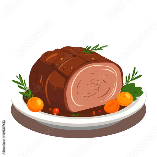 Roasted Meat Dish On White Plate With Herbs And Berries