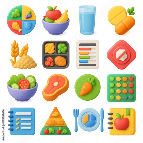 Food and nutrition 3d icon set. featuring salad, fruits, vegetables, meal, glass, grains, chart, plate, carrot, apple