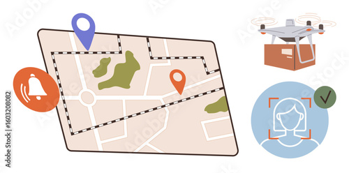 Map with markers for delivery route, drone carrying parcel, notification alert, facial recognition icon for verification. Ideal for automation, logistics, delivery, technology, navigation security