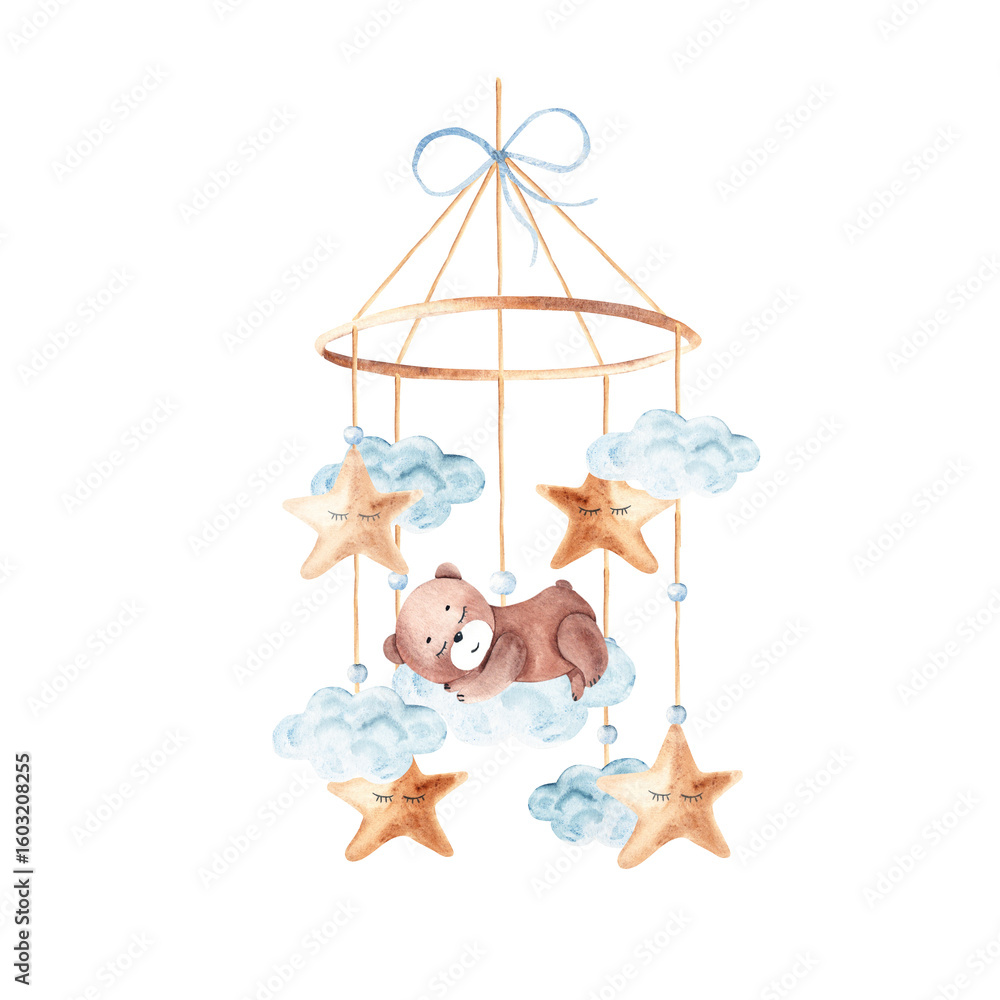 Obraz premium Watercolor baby cradle Mobile with cute teddy bear sleeping on a cloud and stars. Hand drawn illustration in pastel colors of kids hanging toy. For greeting cards, gender reveal, its a boy party or