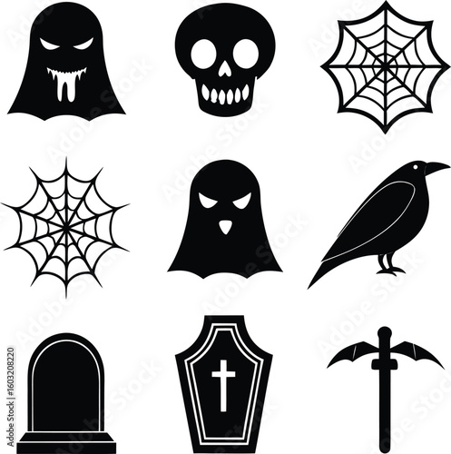 Black Halloween icons ghost skull spiderweb crow coffin pickaxe tombstone vector