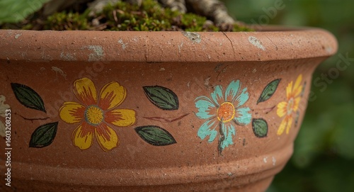 Close up of a terracotta pot with hand painted flowers and green moss on top in a garden setting
