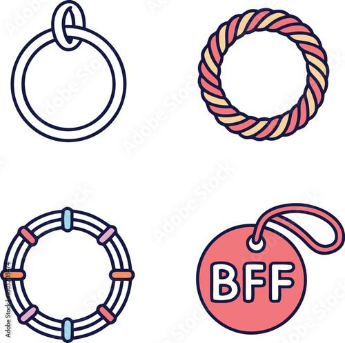 Four circular icons featuring friendship bracelets and a B F tag circle