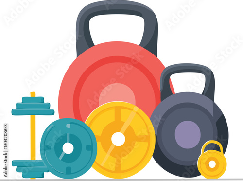 Set of gym tools like barbells, kettlebells, dumbbells, and weight plates in modern flat design style