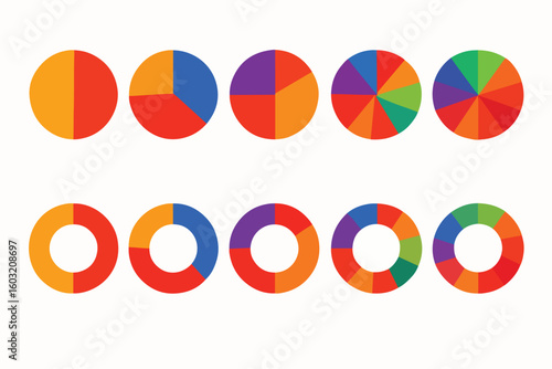 Colorful pie charts and donut charts displaying data segments