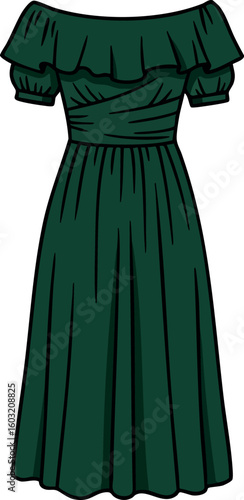 Dark green vintage style dress with ruffle neckline vector illustration