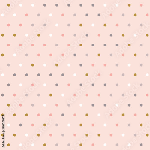 Soft multicolor polka dot pattern on light pink background. Seamless nursery design vector with pastel dots. Illustration for baby shower, wrapping paper, textile, wallpaper, and cute decoration.