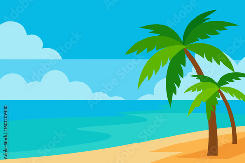 Tropical beach scene with palm trees and blue sky with clouds