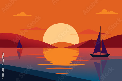 Two sailboats glide across a calm lake during a vibrant sunset