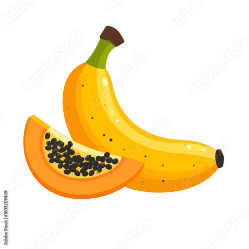 Vibrant Yellow Banana And Orange Papaya Slice Illustration