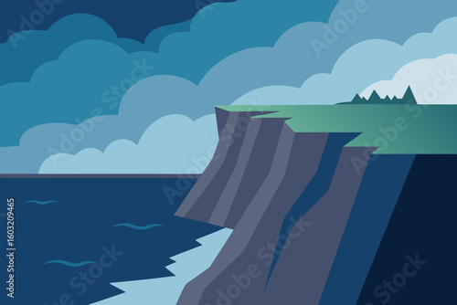 Dramatic coastal cliff overlooking dark blue ocean under cloudy sky