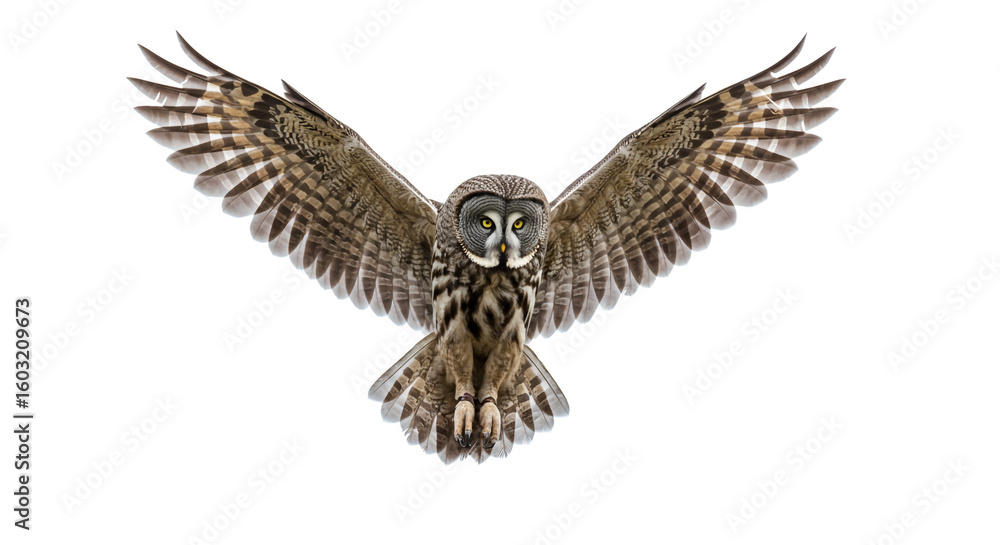 Obraz premium Owl in Mid-Flight with Wings Fully Spread on White Background
