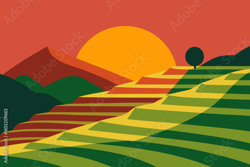 Stylized terraced landscape with a setting sun and lone tree