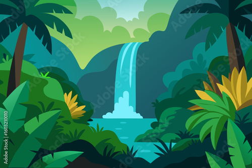 Vibrant jungle waterfall scene with lush green foliage and palm trees