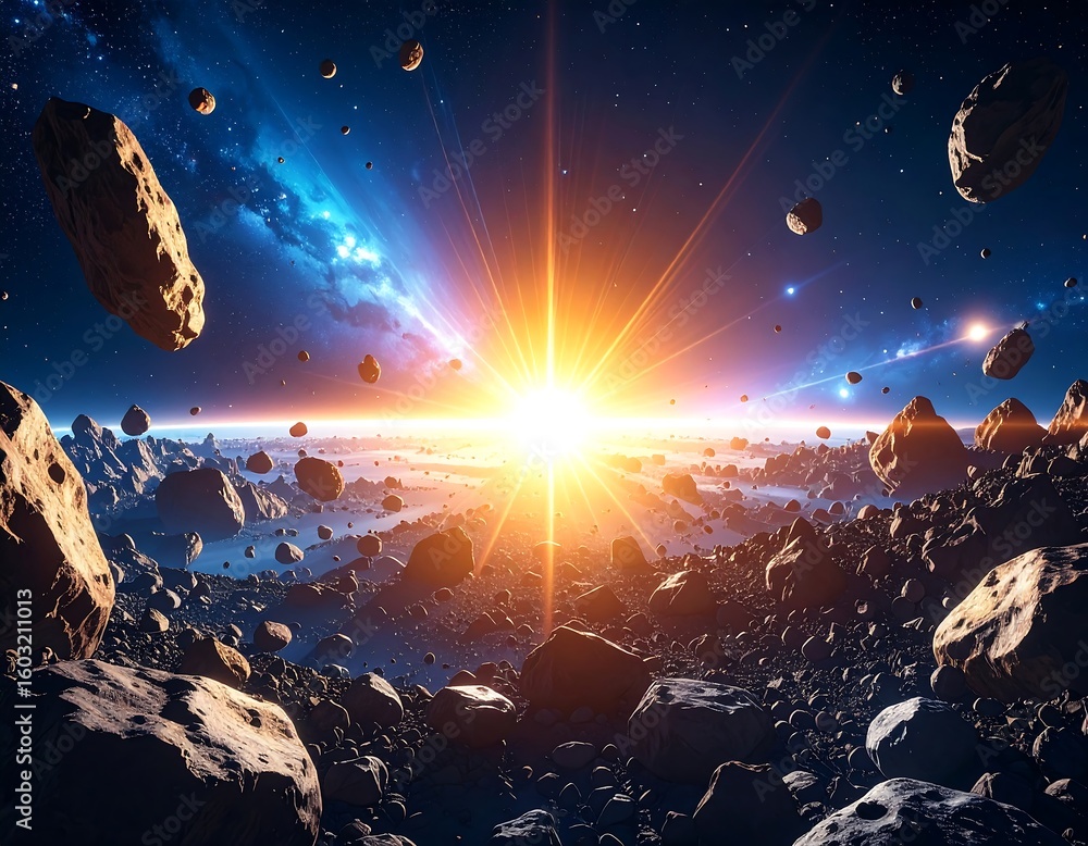 Fototapeta premium Cosmic landscape, asteroid field, sunrise