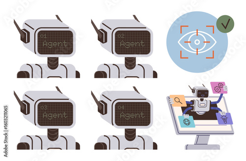 Four AI robots labeled as agents with a focus icon and a robot on a computer screen managing tasks. Ideal for AI development, automation, robotics, task delegation, surveillance, machine learning