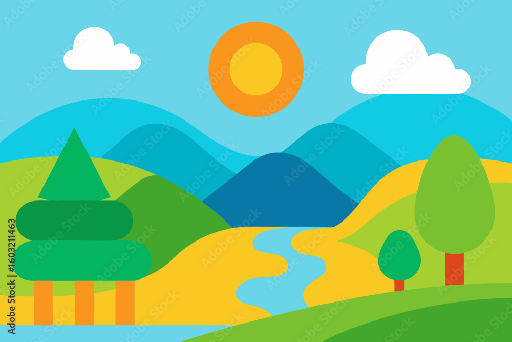 Obraz premium Stylized landscape with rolling hills river sun and trees under a blue sky