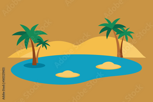 Stylized desert oasis with palm trees and blue water surrounded by sand dunes