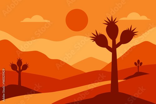 Vibrant desert landscape with joshua trees under a warm orange sun