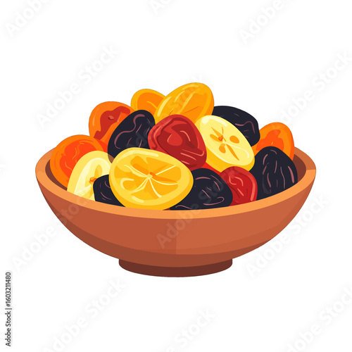 Assorted Dried Fruits In Wooden Bowl