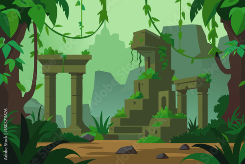 Ancient jungle ruins with overgrown stone structures and lush green foliage