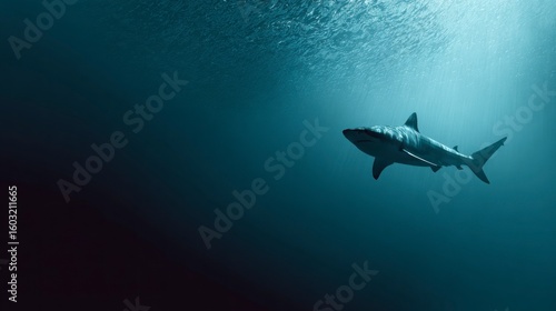 Solitary shark in deep ocean