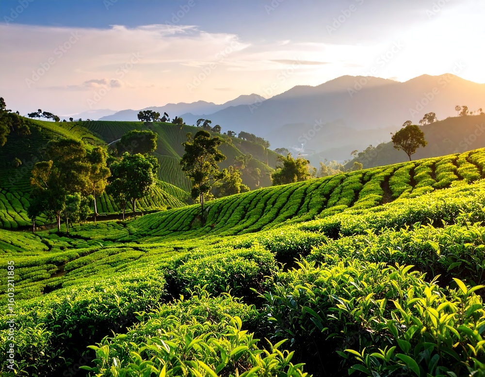 Naklejka premium Lush green tea plantation at sunset