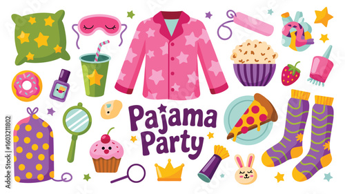 Pajama Sleepover Party Supplies and Accessories – Fun Vector Illustration for Kids’ Entertainment, Birthday Celebrations, Sleepover Events, and Cozy Nighttime Gatherings with Cute Design Elements


