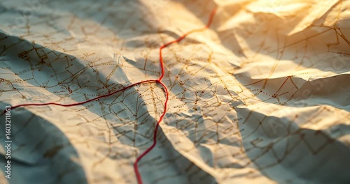 Close up of a vintage map with a red thread marking a route, highlighting the concept of travel and exploration.