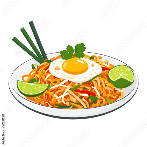Colorful Pad Thai Noodles With Egg And Lime