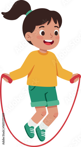 Girl jumping with red skipping rope in casual clothes active healthy lifestyle vector