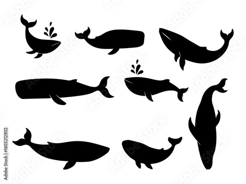 Collection of whale silhouettes in various poses isolated on white background