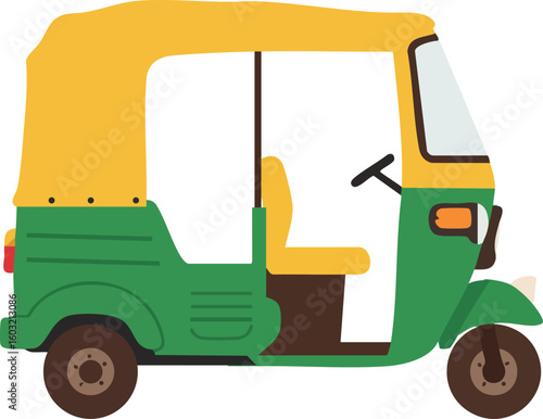 Auto rickshaw green and yellow three wheeler urban transport vehicle vector illustration