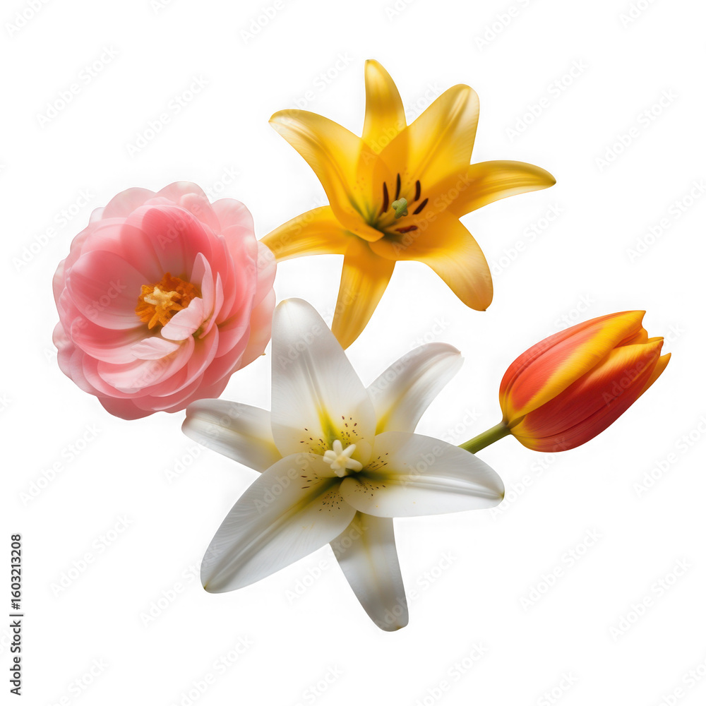 Naklejka premium A delicate arrangement of colorful spring flowers on a black background