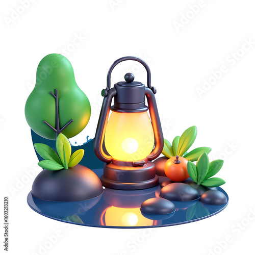soft focus lantern glows warmly amidst lush greenery reflected calm water surface starry night