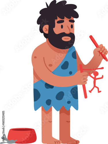 Caveman Drawing Primitive Art Using Red Paint on Animal Skin Vector Illustration