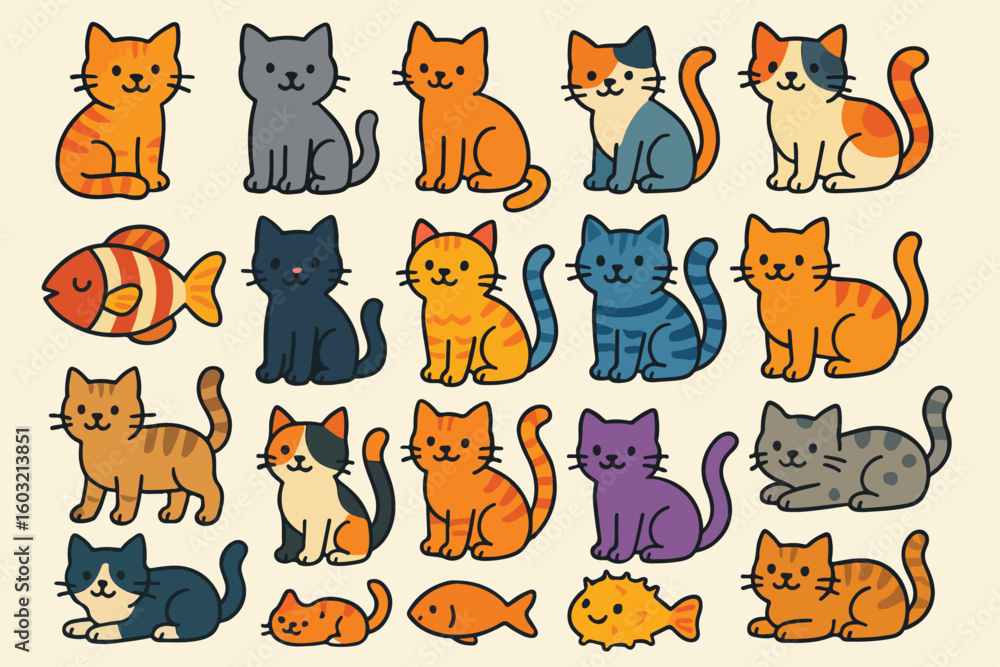 Fototapeta premium Funny cartoon cat icons collection with various cute pet animals
