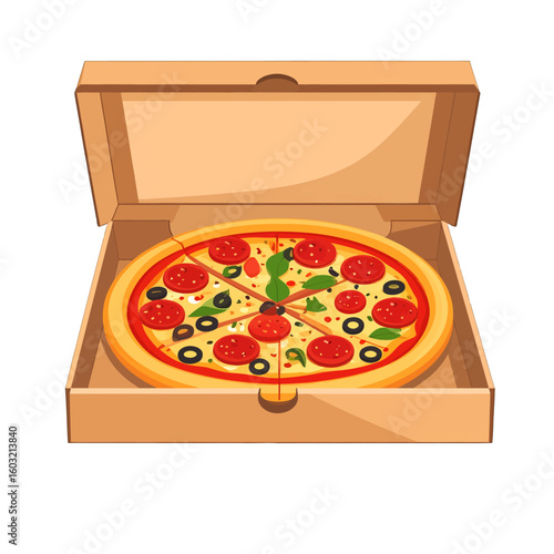 Pizza In Brown Delivery Box Illustration