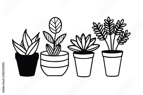 Doodle Flowerpots With Different Plant Types
