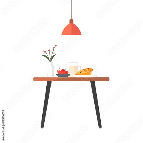 Simple Breakfast Scene On Wooden Table With Flowers And Croissant