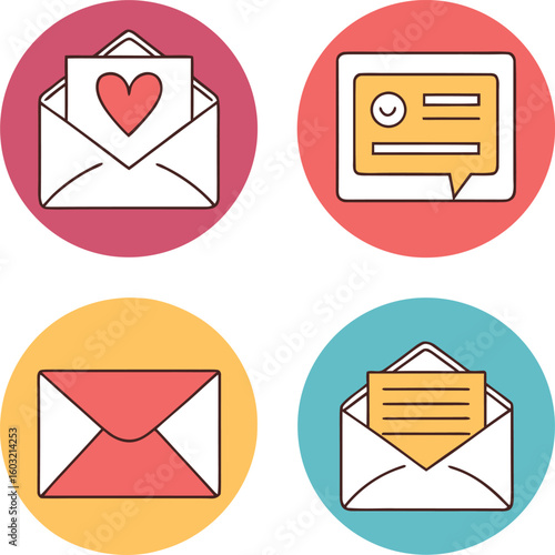 Four circular icons showing envelopes and a message bubble with heart mail communication