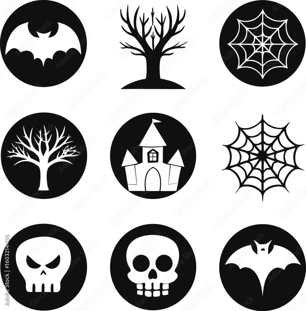 Obraz premium Nine black circles with white Halloween icons including bats skulls trees and castles