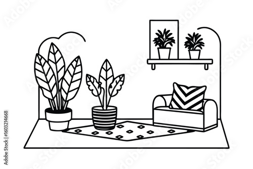 Cozy Botanical Corner With Rugs Pillows And Plants