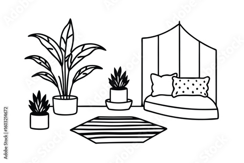 Cozy Botanical Corner With Rugs Pillows And Plants