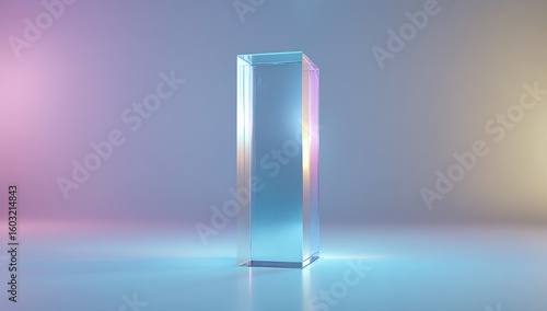 A translucent, rectangular prism illuminated by vibrant light.