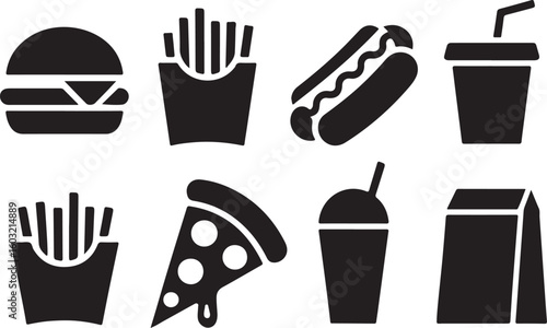 Collection of popular fast food icons including a hamburger french fries hot dog soda cup and pizza slice