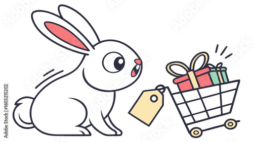 Cute SVG of a Excited Bunny in Shopping Spree colors, placed in a Black Friday / Cyber Monday setting
