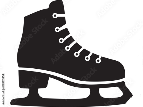 Black silhouette of a classic figure ice skate with white laces and a sharp blade on a white background